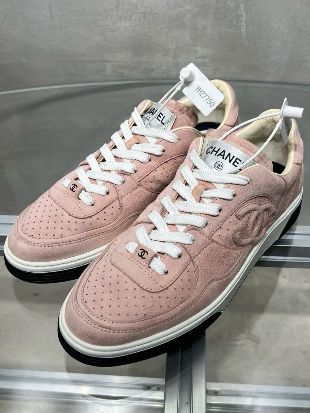 CHANEL Pink Suede Low-Top Sneakers with White Laces
